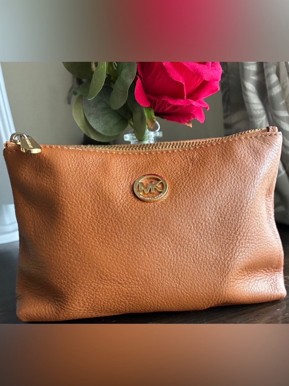 MICHAEL Michael Kors Cognac Pebbled Leather Cosmetic Pouch with Gold Hardware